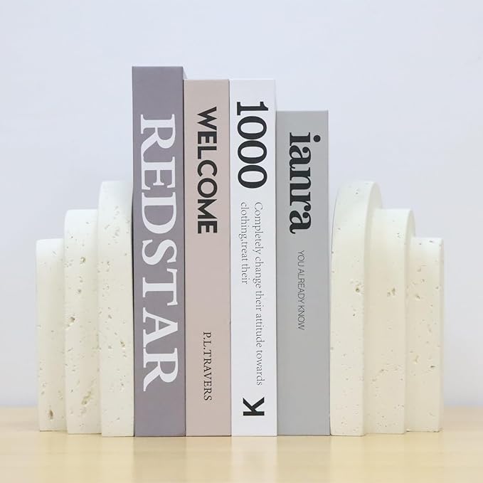 Decorative Book Ends for Shelves - Boho Aesthetic Bookends Decor - Heavy Duty Travertine Book Stopper Holder for Home Office Desk Coffee Table, Gifts for Book Lovers (Light Yellow)