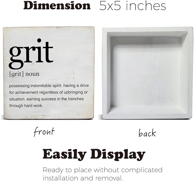 Motivational Grit Gift Grit Definition Art Quotes Wooden Box Sign Desk Decorative Wooden Sign Home Decor for Table Shelf 5 x 5 Inches