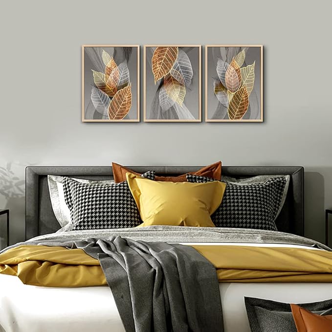 Natural Wood Framed Wall Art For Living Room Large Size Wall Decorations For Bedroom Office Wall Decor Abstract Leaves Painting Framed Wall Pictures Artwork Kitchen Home Decor of 3 Piece Art Prints
