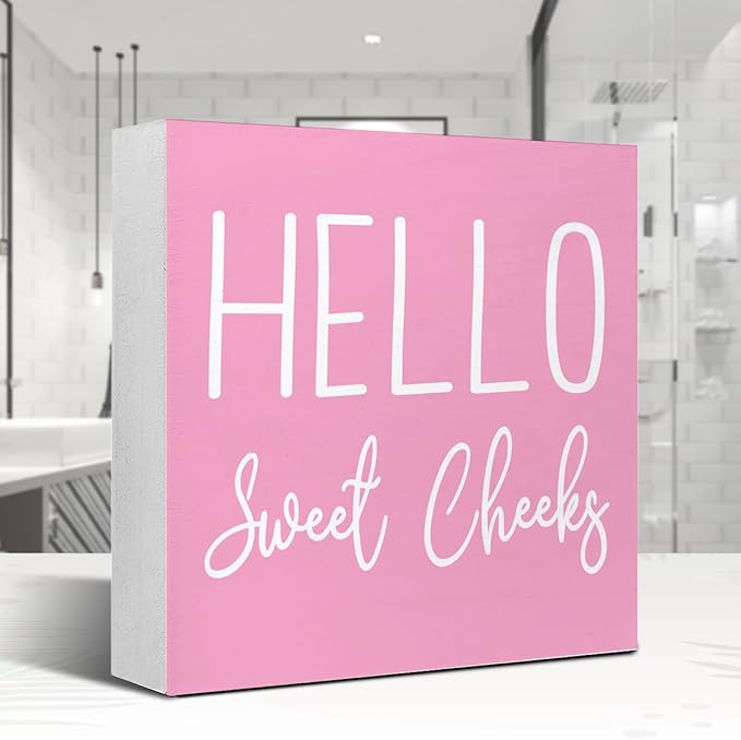 LVQHI Cute Bathroom Shelf Decor, Hello Sweet Cheeks Sign Wooden Box for Shelves Toilet Restroom Tabletop Decoration, Funny Pink Bathroom Sign Decor,5'' L x 5" H ﻿