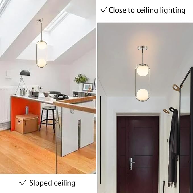 Modern Globe Pendant Light 2-Lights Brushed Nickel Chandelier Mid Century Ceiling Hanging Lighting Fixture White Globe Glass Shades for Kitchen Island Dining Room Bedroom