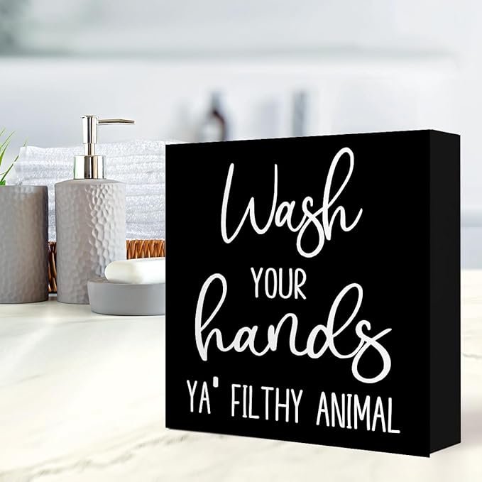LVQHI Funny Bathroom Wooden Box Signs,Wash Your Hands YA' Filthy Animal Wood Block Sign for Bathroom Shelf Toilet Restroom Home Tabletop Desk Decor,Rustic Toilet Plaque Decor