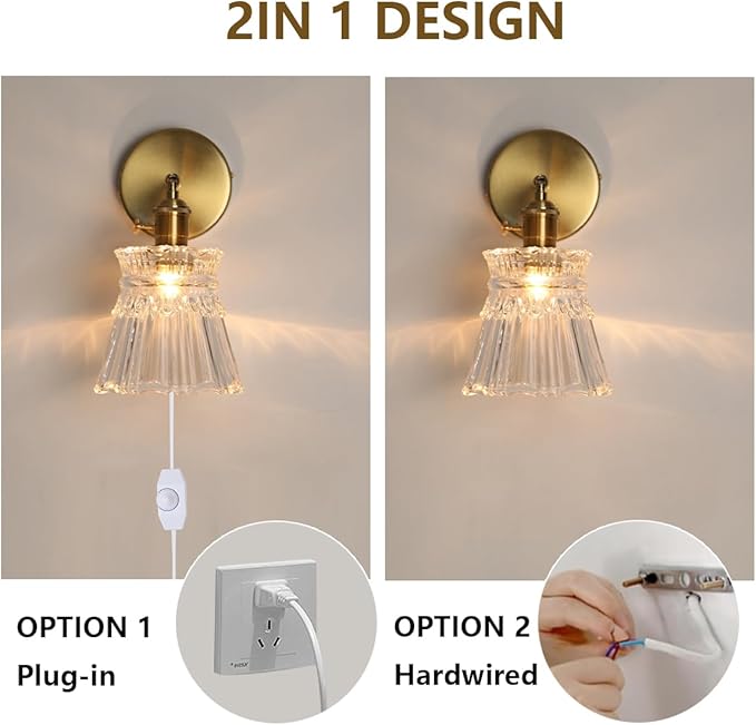 Sedelan Plug in Wall Sconce, Vintage Wall Sconces Indoor, Glass Wall Lamp，Dimmable Mid Century Moderen Bathroom Vanity Lights, Over Mirror for Bedroom Dining Living Room Stairway, E26