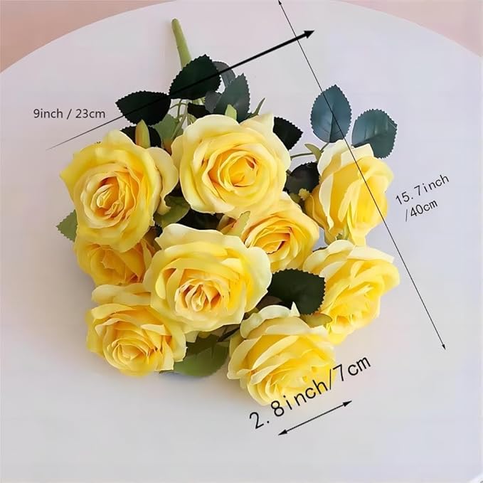 Jasion 4 Bundles Artificial Roses Flowers 10 Heads Arrangement Silk Bridal Bouquet for Home Office Parties and Wedding Decoration (Yellow 4pcs)