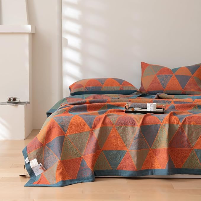 100% Cotton Muslin Blanket Jacquard Bohomian Mandala Triangle Quilt, Soft Bed Cover 3 Layers Reversible Bedspread Coverlet Breathable Lightweight Bedding King(98"x94"), No Pillow Sham
