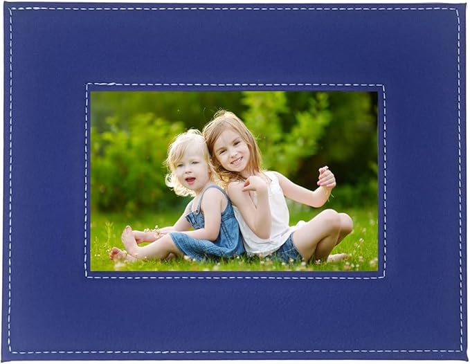 CustomGiftsNow Personalized Add Your Custom Text Engraved Leatherette Faux Leather Hanging/Tabletop Personalized Group Family Photo Picture Frame (Blue, 5x7-inch Horizontal)
