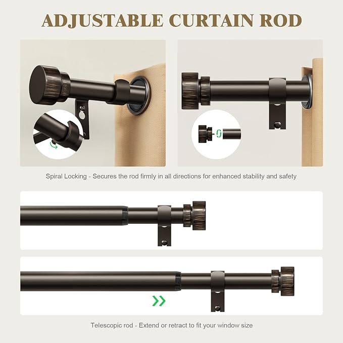 Oneach 2-Pack Heavy Duty Curtain Rods for Windows 72 to 144 Inch, 1 Inch Pole Adjustable Curtain Rod with Easy Installation and Modern Design (Antique Brown, 16 to 150 Inch)