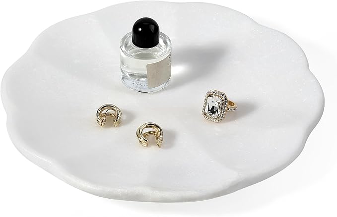Koville Marble Tray, 8" Round Marble Vanity Tray for Jewelry Trinket Perfume, Natural Stone Tray for Bathroom Kitchen Dresser Countertop, Scalloped Decorative Tray for Home Table Decor(White)