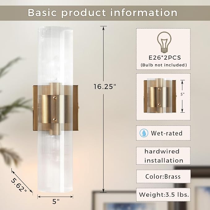 Modern Fluted Glass 2-Light Wall Sconce - Perfect for a Hallway or flanking a Painting or Bathroom, Bedroom Wall Sconces