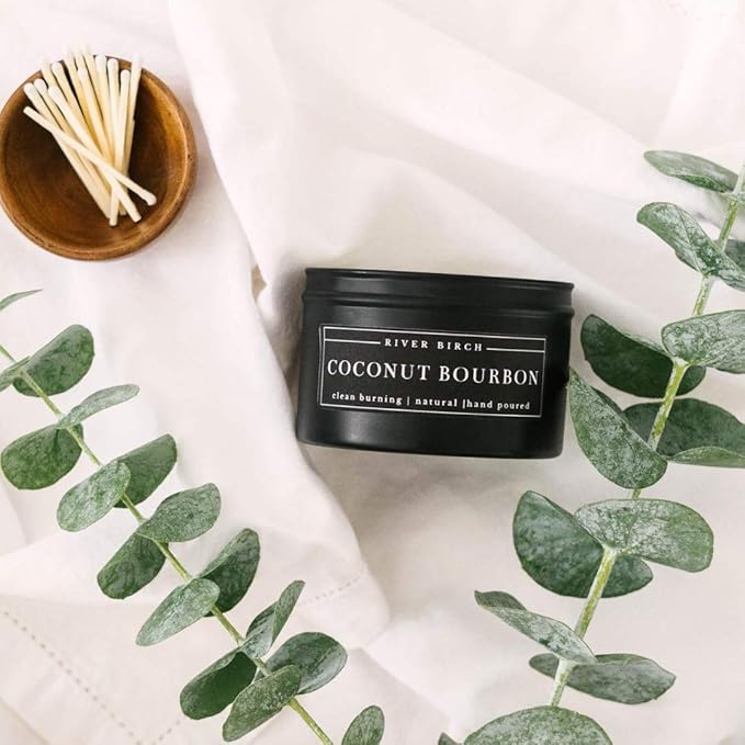 River Birch Candles Coconut Bourbon Scented Candle | Premium, All-Natural, Non-Toxic, Soy Candles | 8 oz. Black Matte Tin Travel Candle | Cozy Relaxing Gifts for Home