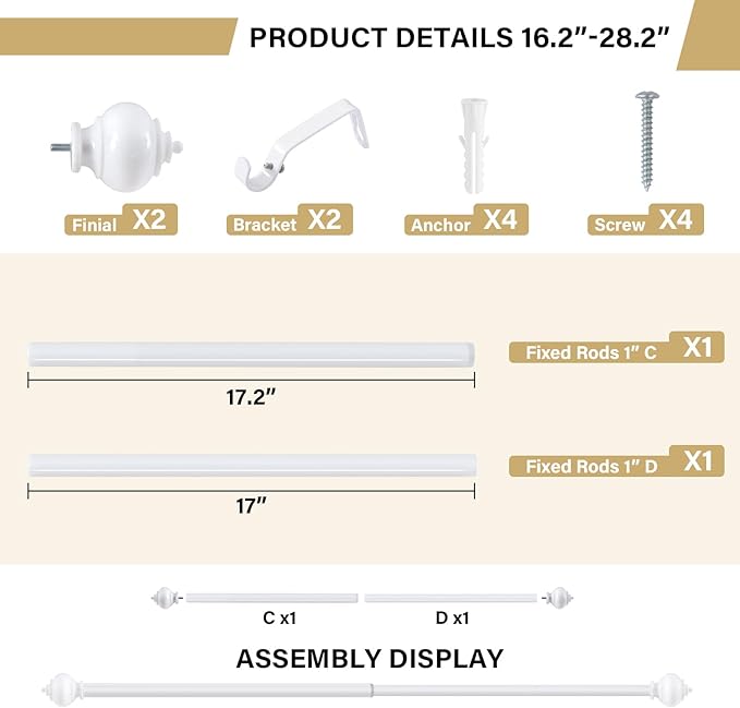 H.VERSAILTEX Curtain Rods for Windows 16.2 to 28.2 Inches 1 inch Diameter Adjustable Decorative Telescoping Curtain Rod with Brackets Heavy Duty Splicing Window Rods with Decorative Finials, White