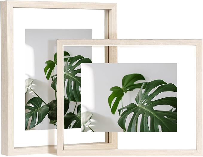 Egofine 8x10 Floating Frames Set of 2, Double Plexiglass Picture Frame, Made of Solid Wood Display Any Size Photo up to 8x10, Wall Mount or Tabletop Standing, Beige