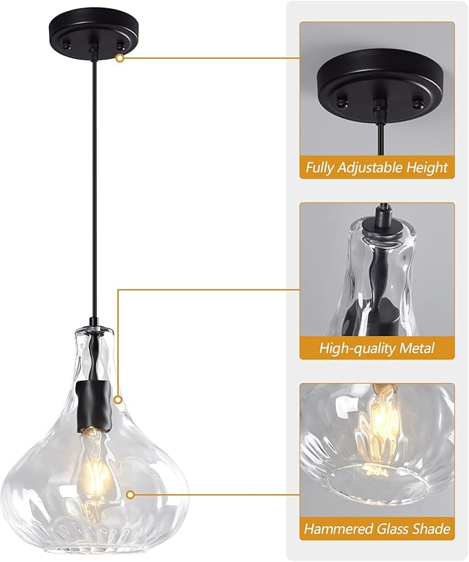 Modern Glass Pendant Light 9.44 in Clear Hammered Glass Shade Black Farmhouse Island Pendant Lights for Kitchen Pendant Lighting Over Sink Bedroom Dining Room
