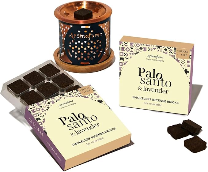 Palo Santo & Lavender Smokeless Incense Bricks & Flower of Life Burner | 2x9 Bricks | Aromatherapy | Essential Oils Based | Natural Air fresheners for Home | Spiritual Smudging Meditation Accessories