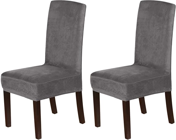 H.VERSAILTEX Velvet Dining Chair Covers Stretch Chair Covers for Dining Room Set of 2 Parson Chair Slipcovers Chair Protectors Covers Dining, Soft Thick Solid Velvet Fabric Washable,Grey
