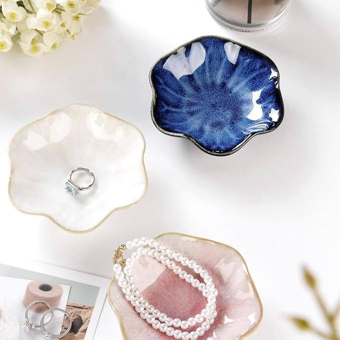 2PCS Lotus Leaf Shape Ring Holder Dish, Small Key Bowl, Ceramic Trinket Tray Jewelry Dish Organizing Necklace Earrings for Mom Friend Sister, All Jewelries Are NOT Included. Blue+Pink.…