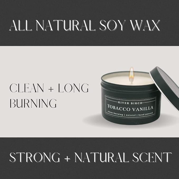 River Birch Candles Tobacco Vanilla Scented Candle | Premium, All-Natural, Non-Toxic, Soy Candles | 8 oz. Black Matte Tin Travel Candle | Cozy Relaxing Gifts for Home