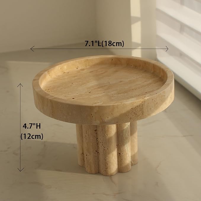 Natural Travertine Tray with Leg, Round 7.1" Vanity Decorative Tray for Countertop Organizer, Catchall Tray for Perfume, Candles, Jewelry Dish