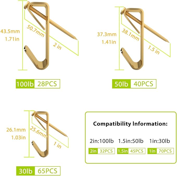 Picture Hanging Kit, Extra Thick, 100lb 50lb 30lb, Heavy Duty Plaster Wall and Drywall Large Hangers and Hooks Hardware for Painting and Frame to Hang on, 280pcs Gold with Nails