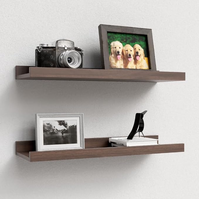 Floating Shelves Set of 2, Farmhouse Wall Shelves with Lip, Display Picture Ledge Shelf for Bedroom, Living Room, Bathroom, Kitchen - Walnut