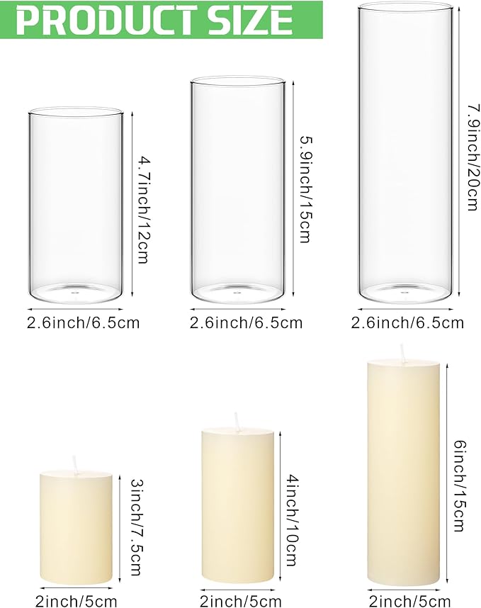 Shihanee Set of 3 Pillar Candles and 3 Glass Cylinder Candle Vases Holders Clear Pillar Jars for Wedding Centerpieces(2.6'' X 4.7'', 5.9'', 7.9'',Ivory White)