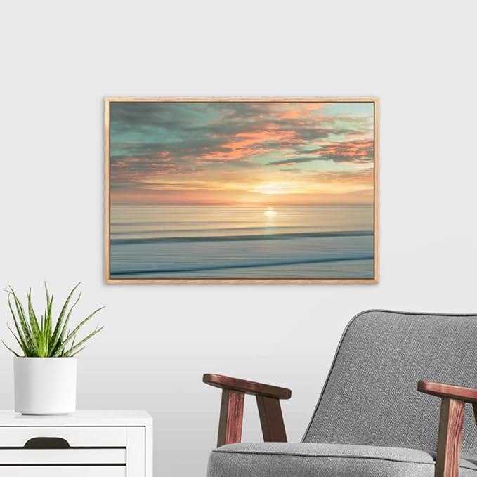 CANVAS ON DEMAND Beach Sunrise Natural Wood Float Framed Canvas Wall Art Print by Alex Hanson, Contemporary, Home Decor, Ocean Artwork,24" x16in