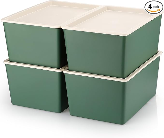 Menkxi 4 Pcs Storage Bins with Lids Plastic Stackable Containers for Organizing Shelves Christmas Ornament Box Baskets(Green,Small)