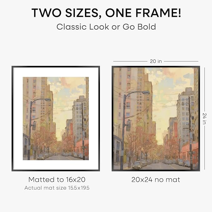 Homeforia 20x24 Picture Frame Black, High End Metal 20x24 Frame Matted to 16x20 Print, 20 x 24 Black Poster Frames with Mat 16 by 20 inch Photo, 24x20 Hanging Frame, Tempered Glass, Wall Kit, Set of 4