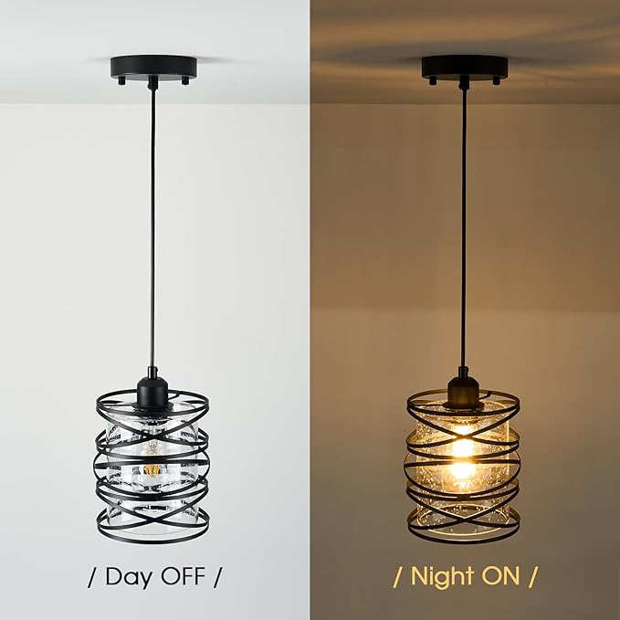 1-Pack Pendant Light Fixtures 6.3Inch Black Spiral Kitchen Island Light Modern Metal Cage Handblown Seeded Glass Ceiling Hanging Light Adjustable Cord for Dining Room Foyer Hallway, E26