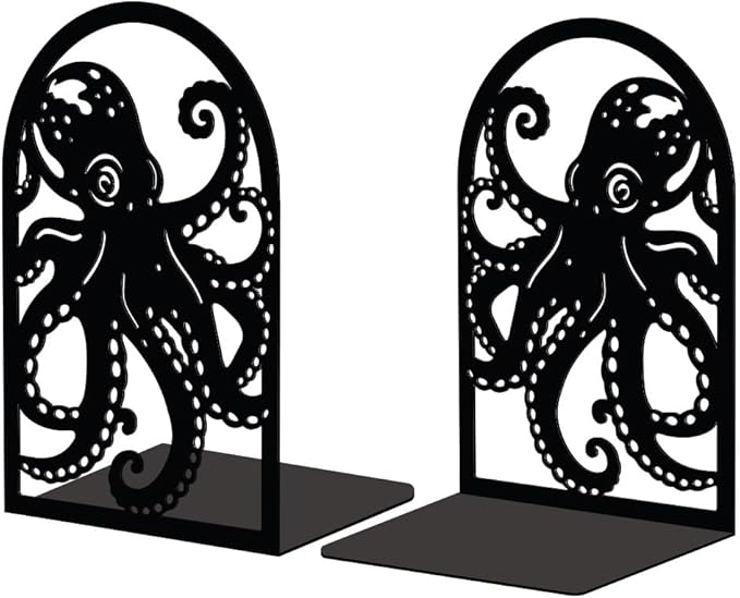 Peacoblue Metal Bookends for Shelves, Modern Decorative Heavy Duty Study Book Support Stoppers for Office, Desk, Shelf, Room 5.3"x4.3"x7.9" Cast Iron Simple Tall Bookends, 1 Pair (Octopus)