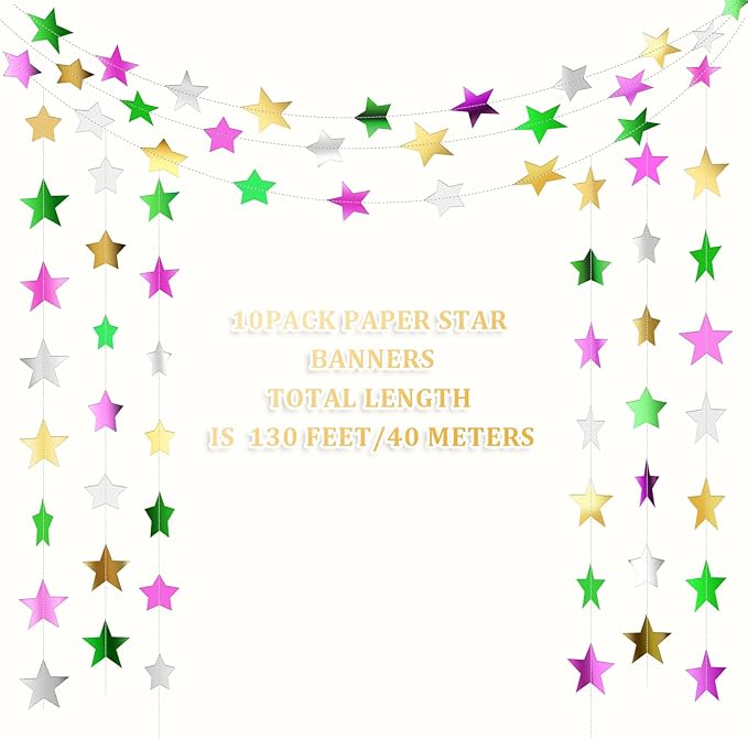 Patelai Glitter Star Garland Banner 2026 New Years Decor 130 Feet Star Hanging Banner Twinkle Backdrop for Birthday Classroom Wedding Christmas Party Supplies(Green,Pink,Gold,Silver)