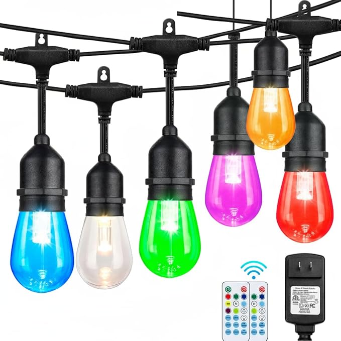 Auroraworld 24FT RGB Outdoor String Lights, Dimmable Color Changing Waterproof LED Patio Lights with Remote, 12 Shatterproof Bulbs for Backyard Garden Party Decor