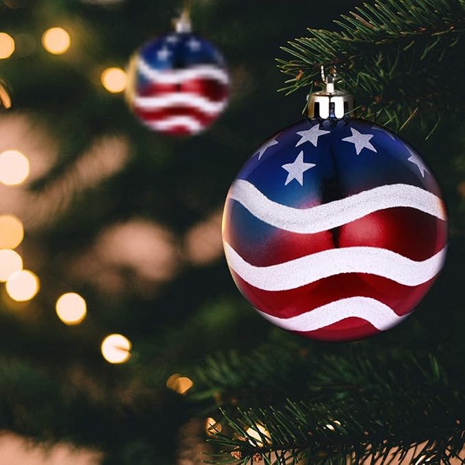 6pcs 3-1/4" (80mm) Patriotic Christmas Ball Ornament, American Flag Hanging Ball, USA Independence Day Fourth of July Ball Party Decor, Holiday Wedding Christmas Tree Decorations