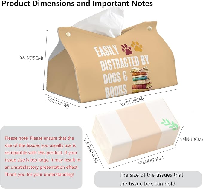 Yellow Dog Tissue Box Cover Rectangle,Leather Toilet Paper Box,Funny Decorative Facial Paper Case for Living Room Bathroom Kitchen Office Desk,Easily Distracted by Dogs and Books,9.8x5.9x5.9