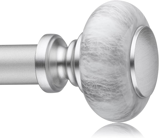 Silver Curtain Rods for Windows 28 to 48 Inches,Adjustable 6/8 Inch Heavy Duty Drapery Curtain Rods with Marbled Finials for Bedroom,Living Room