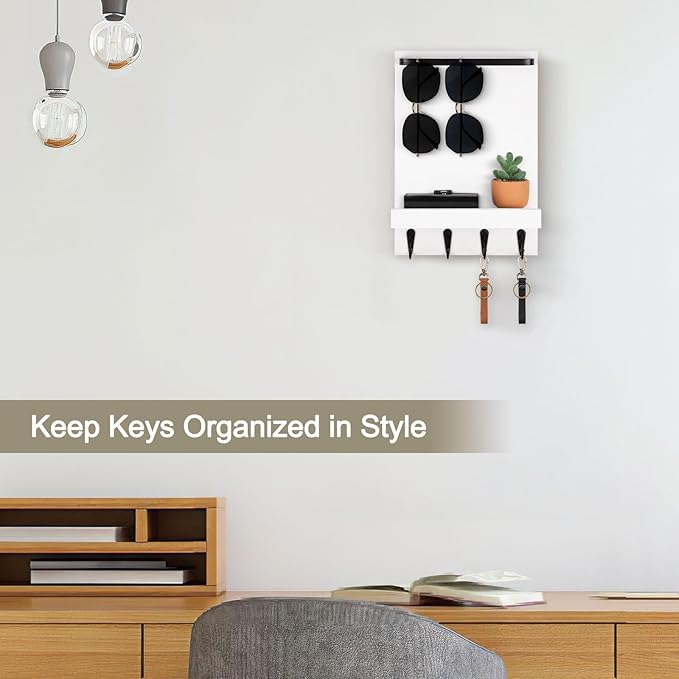 Key Holder Wall Mount, Key Holder for Wall with 4 Hooks, Farmhouse Key Hanger Holds Dog Leash, Sunglasses – Decorative Mail Organizer Home Decor (White)
