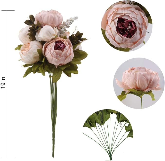 Flojery Silk Peony Bouquet Vintage Artificial Peonies Flower for Home Wedding Party Decor (1pcs, Light Pink)