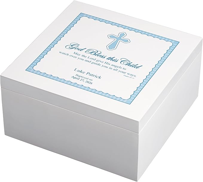 Let's Make Memories Personalized Keepsake Box for Blessed Child - Memories Box - Baptism - Confirmation - Memento Storage - For Boys - 6" Hx12 Sq - God Bless - Blue
