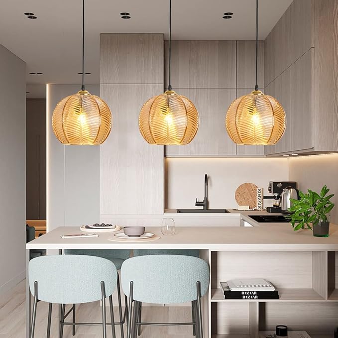Plug in Glass Pendant Light Mid-Century Modern Striped Amber Glass Hanging Ceiling Lighting Fixture with 14.7FT Cord, Globe Decor Chandelier For Living Room, Bedroom, Dining Hall, Kitchen (Amber)