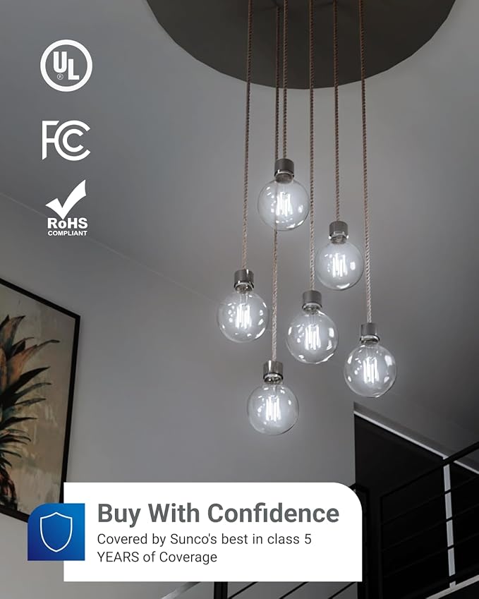 Sunco 6 Pack G25 LED Light Bulbs, Filament Edison Globe, Vanity Lighting Bulb for Bathroom Bedroom, 500 LM, 5W (60W Equivalent), 5000K Daylight, Dimmable, E26 Base, Clear UL