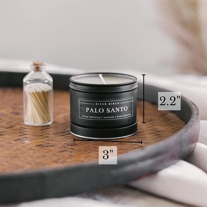 River Birch Premium, All-Natural, Non-Toxic Soy Candle | Palo Santo Scented | 8 oz. Black Matte Tin Travel Candle | Cozy Relaxing Gifts for Home