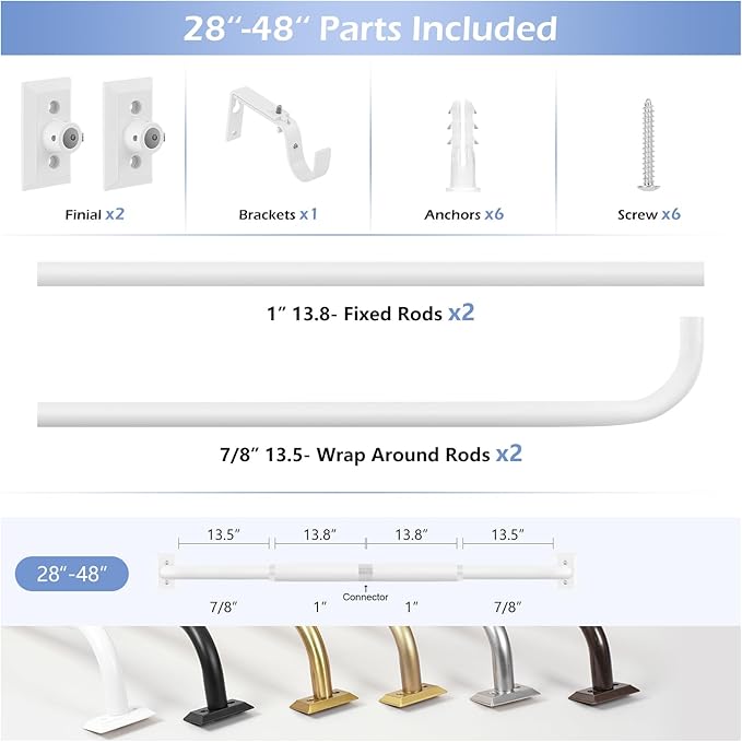 White Wrap Around Curtain Rods 28 to 48 Inch:Blackout Heavy Duty Adjustable Window Curtain Rod Room Darkening,1Inch Modern Industrial Curved French Return Metal Drapery Rods Easy Install,White