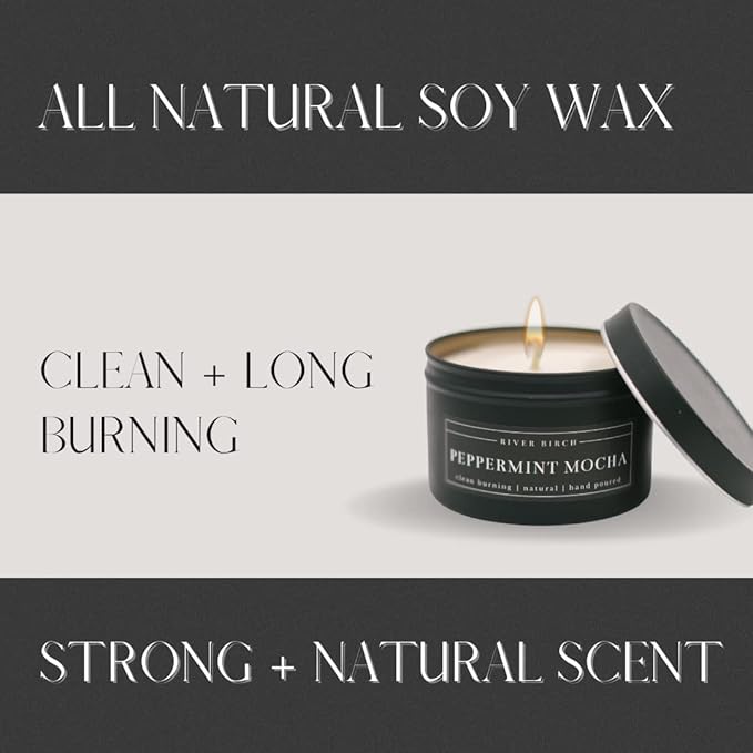 River Birch Candles Peppermint Mocha Scented Candle | Premium, All-Natural, Non-Toxic, Soy Candles | 8 oz. Black Matte Tin Travel Candle | Cozy Relaxing Gifts for Home