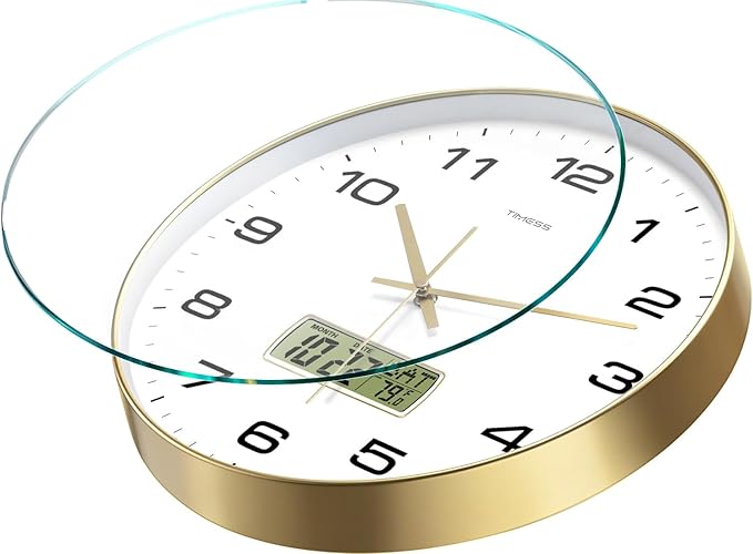 Wall Clock, 12" Dial Non-Ticking Silent Battery Operated Analog with LCD Display for Perpetual Calendar and F° Temperature, Ideal Modern Home, Bedroom, Kitchen, Office Decor (Gold)