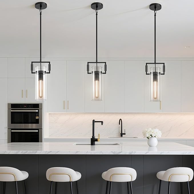 Modern Black Kitchen Island Pendant Lights,Knurled 12'' Glass Island Pendant Light,Farmhouses Pendant Light, for Kitchen,Dining Room,Bathroom,Bulb Included