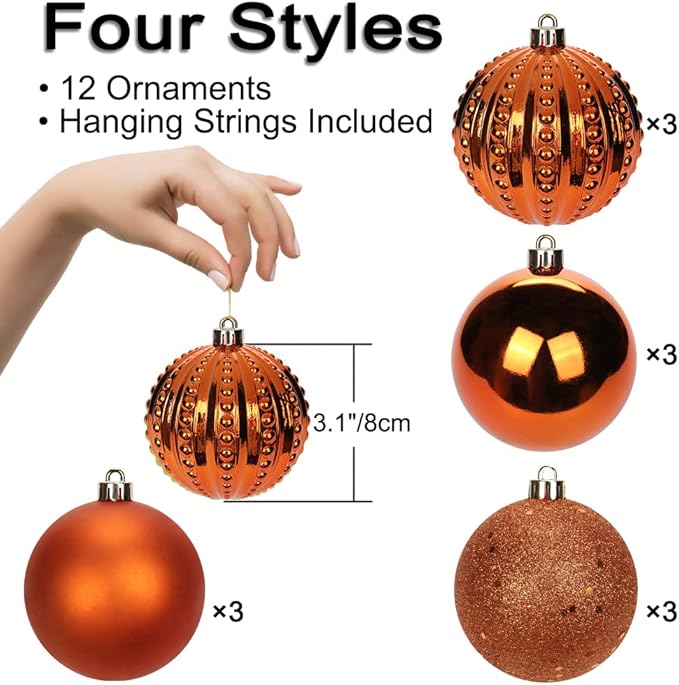3.15" Orange Christmas Balls Ornaments 12 Pcs Shatterproof Christmas Ornaments Set Halloween Balls Ornaments Large Orange Ornament for Xmas Tree Holiday Party