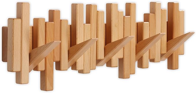 Wooden Coat Rack Wall Mounted Sticks Multi Rack Solid Handmade Natural Beech Wood Artwork with 5 Flip-Down Unique Modern Hooks for Coats Bag Hat Umbrella