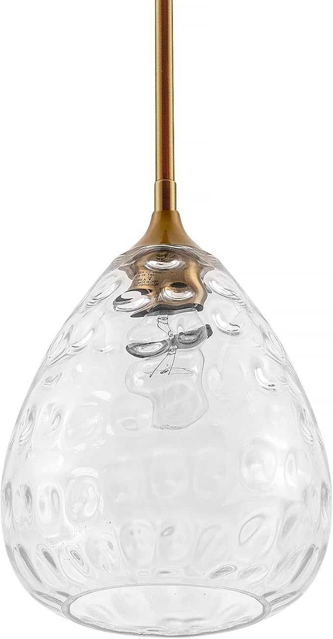 Transparent Clear Hammered Glass Pendant Light with Brass Gold Accent, Adjustable Hanging Lamp for Kitchen, Dining Room, and Living Room