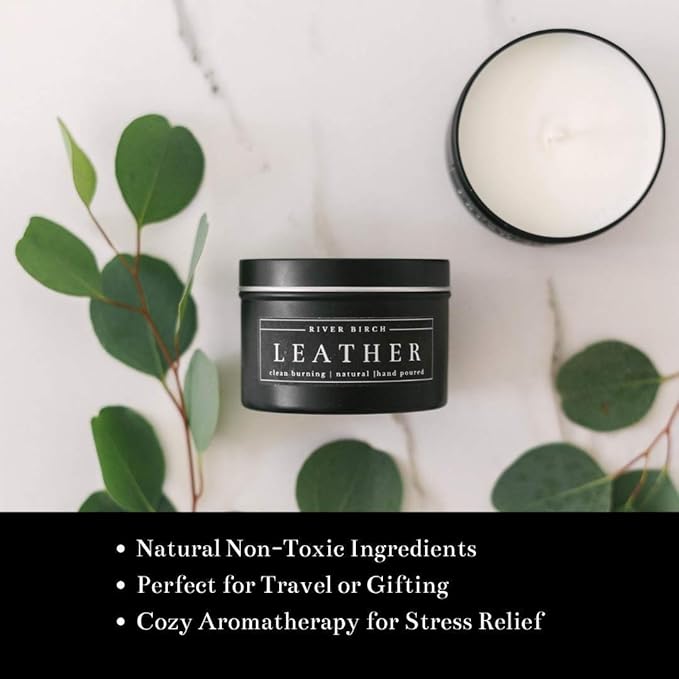 River Birch Leather Scented Candle - Premium, Natural, Non-Toxic, Soy Candles Ideal for Home Decor & Cozy Gifts - Black Matte Tin - 8 oz