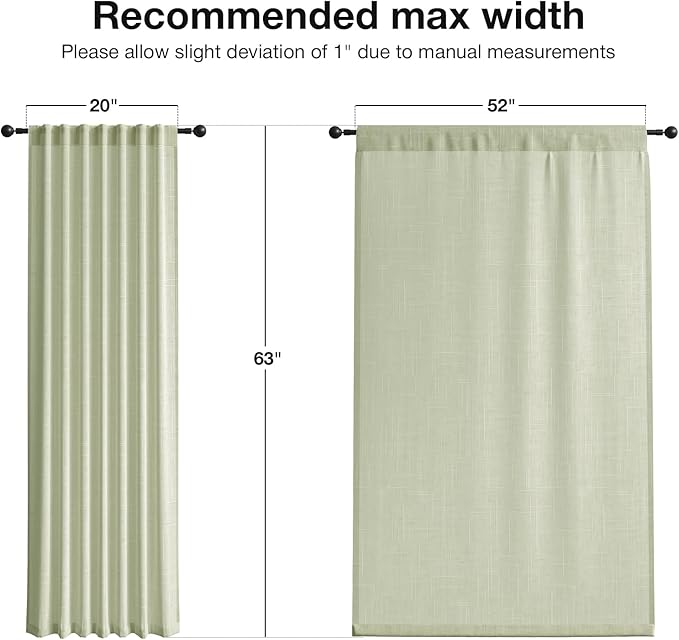 Anmao Natural Linen Curtains for Living Room 63 Inch Length 2 Panels Set, Light Filtering Semi Sheer Window Curtain Drapes for Bedroom with Curtain Rings and Clips, 52 Inch Wide Each Panel, Sage